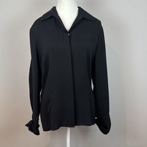 Paul Stewart Women's Black 100% Silk Button‎ Blouse SZ LG Quiet Luxury Classic